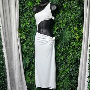 Bananhot Dress Small White One Shoulder Cutout Maxi Knot Detail Vacation 3618